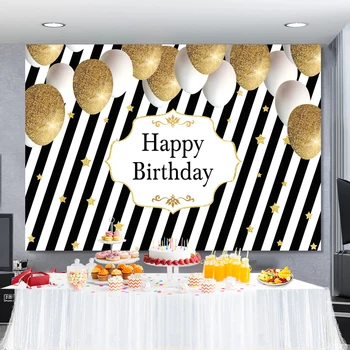 Фотография на фоне Дня рождения Черно-белые полосы Золотисто-Белые Воздушные шары Баннер для вечеринки по случаю Дня Рождения Плакат Индивидуальный Фон для Фото