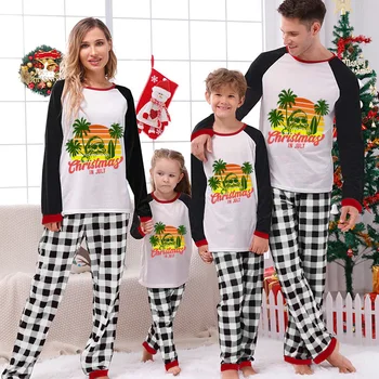 Семейные пижамы, подходящие к Рождеству, Рождество в июле, кокосовые пальмы, черно-белые пледы, пижамные комплекты