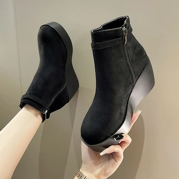 Женская обувь 2023, Модные женские ботинки с боковой молнией, зимние, с круглым носком, однотонные, на короткой платформе, танкетке, большие размеры, модные ботинки