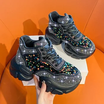 Кроссовки на высоком каблуке из искусственной кожи, Женская обувь, Мода 2024 года, Разноцветные блестящие Осенние женские вулканизированные туфли, Zapatos Deportivos