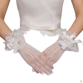 Красивые Белые Свадебные перчатки ручной работы с цветами на запястье, свадебные Перчатки с кружевным краем для полных пальцев, Аксессуары для подружек невесты
