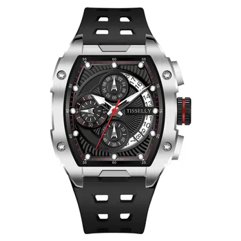 Новый дизайн Мужских Часов Tonneau Высококачественный Черный Роскошный Наручный Хронограф со Стальным Корпусом 3 АТМ мужские часы