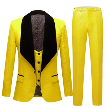 Новый классический мужской костюм Slim Fit Masculino Вечерние костюмы для мужчин, смокинги жениха с лацканами, желто-фиолетовая свадебная одежда, 3ШТ.
