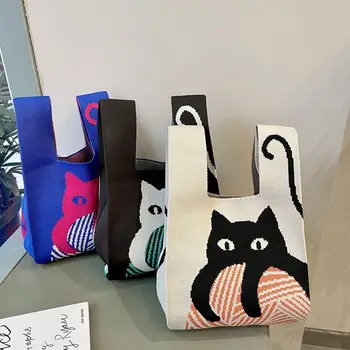 Вязаная сумочка ручной работы с кошкой, женская сумка на запястье с мини-узлом, повседневная цветная сумка-тоут, Студенческие многоразовые сумки для покупок