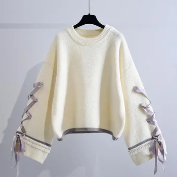 Женский укороченный пуловер с круглым вырезом, свитер, осень-зима 2023, Новый свободный облегающий трикотажный топ с длинными рукавами в стиле колледжа Sweet Style