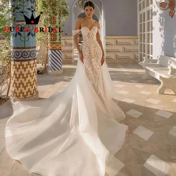 Аппликации Кружева Очаровательная Русалка Свадебные платья с открытыми плечами Милая Для женщин Свадебные платья Vestidos De Novia Custom S81X