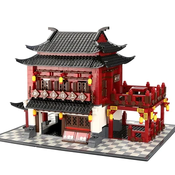 1643 шт., модель древнего китайского отеля, Строительные блоки, Собранные Кирпичи с видом на улицу, Игрушки для детей, подарки на День рождения