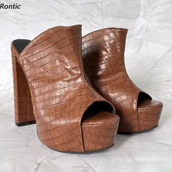 Женские шлепанцы на платформе ручной работы Rontic, Босоножки с каменным узором, матовые блочные каблуки с круглым носком, красивая коричневая повседневная обувь, размер США 5-20