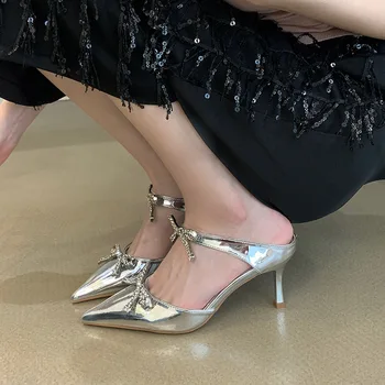 Пикантные Босоножки Для девочек; Женская Летняя обувь Без застежки с бабочкой и узлом на тонком каблуке 9 см; Модельные Босоножки в Корейском стиле ; Женская обувь