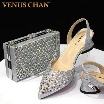 Женские туфли Venus Chan 2023, роскошные свадебные туфли с острым носком, серебристого цвета, выдолбленная дизайнерская сумка и обувь в тон.