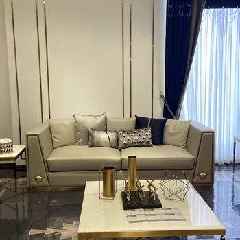 Кожаный диван на заказ, роскошная гостиная в итальянском стиле, комбинированная вилла с мебелью из нержавеющей стали, большая модельная комната с плоским полом