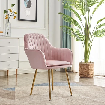 Скандинавский обеденный стул, эргономичное роскошное кресло, Бархатная спинка для отдыха, розовый мягкий стул для макияжа, ресторанная мебель