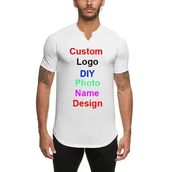 Быстросохнущая мужская футболка с V-образным вырезом из полиэстера с пользовательским логотипом, облегающая Мужская футболка для тренажерного зала, фитнеса, спорта, дышащих рубашек для бодибилдинга с коротким рукавом