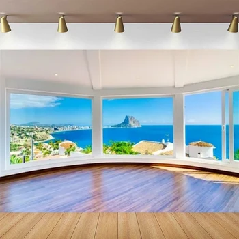 Фон для онлайн-встреч и фотосъемки в офисе Современный вид из створчатого окна на море и тропический пляж Фон виртуального офиса