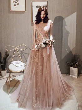 Роскошные вечерние платья с кружевной аппликацией и круглым вырезом, с коротким рукавом, на шнуровке сзади, Трапециевидное Пыльно-розовое вечернее платье подружки невесты для выпускного вечера