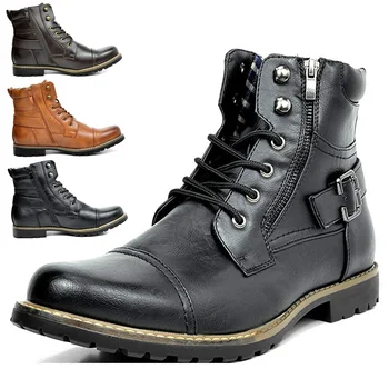 Мужские кожаные ботинки, зимние уличные ветрозащитные рыцарские ботинки, модные мужские ботильоны на платформе, мотоциклетные ботинки на шнуровке с заклепками, 2023 г.