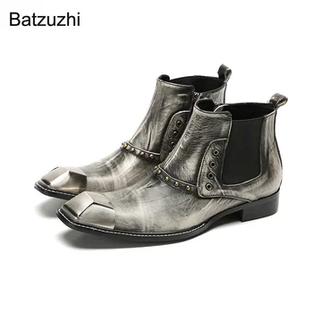 Batzuzhi/ Мужская Обувь в Ковбойском стиле в западном стиле, Модные Серые Ботильоны из натуральной Кожи с Железным Носком, Мужские Ботинки на молнии, 38-46