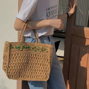 Дизайнерская соломенная сумка с вышивкой, сумки из богемной рафии, пляжная сумка через плечо, роскошные бренды, Полая сумка-тоут из ротанга для покупок Ins