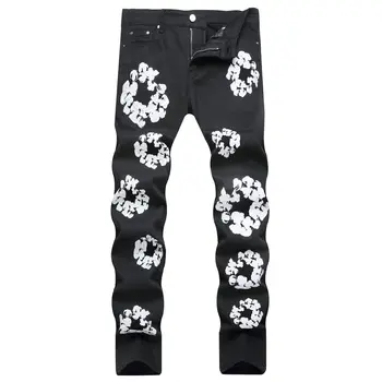 2024 Черные мужские джинсы с цветочным принтом Y2k Graphic Denim Harajuku, готические брюки со средней талией и прямыми штанинами, мужские