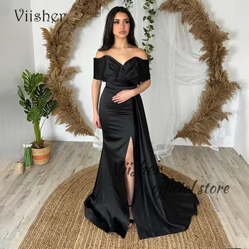 Вечерние платья Viisher Black Mermaid со складками на плечах, атласное обтягивающее длинное платье для выпускного вечера с разрезом, официальные вечерние платья