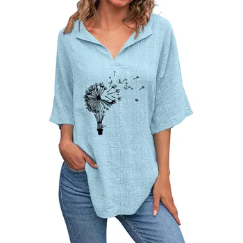 Женские футболки для отдыха с принтом одуванчика, V-образный вырез, блузки Оверсайз, летняя шикарная эстетичная одежда с коротким рукавом, шифоновые блузки