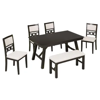Обеденный стол из массива дерева в фермерском доме, состоящий из 6 предметов, Прямоугольный кухонный стол с мягкими стульями и скамейкой, эспрессо