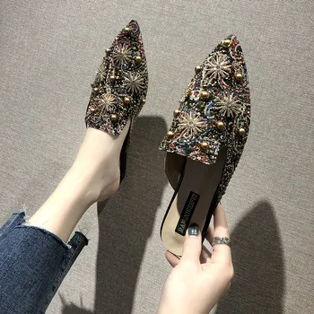 2019 летняя обувь, женские туфли-шлепанцы с острым носком на мелкой подошве, женская обувь без застежки на босоножках, женские туфли на плоской подошве A00179