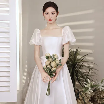 POMUSE Корейское свадебное платье с квадратным воротником, без спинки, со складками, с коротким рукавом, Свадебное платье невесты, сшитое на заказ, Vestido De Novia для женщин