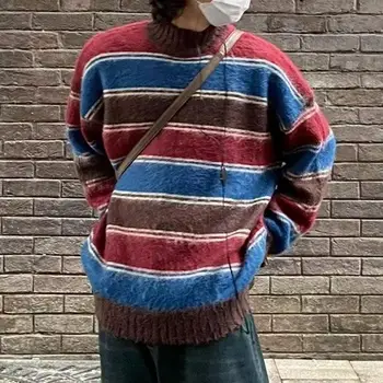 Мужской осенне-зимний свитер, вязаный пуловер в полоску, вязаный свитер с высоким воротником, защита шеи средней длины, Свободный весенний свитер