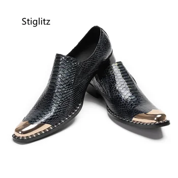 Мужская обувь из натуральной кожи со змеиным узором, слипоны с металлическим носком, весенне-осенняя повседневная деловая обувь, Элегантные мужские модельные туфли
