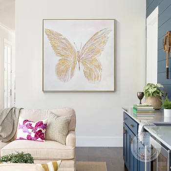 Золотая Бабочка текстурированный оригинальный холст для абстрактной живописи, современный нодический декор гостиной в квадратной рамке, большое настенное искусство,