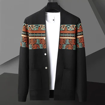 Высококачественный вязаный кардиган в этническом стиле ретро мужской осень 2023 новый тренд бренда жаккардовая шаль повседневный универсальный свитер пальто