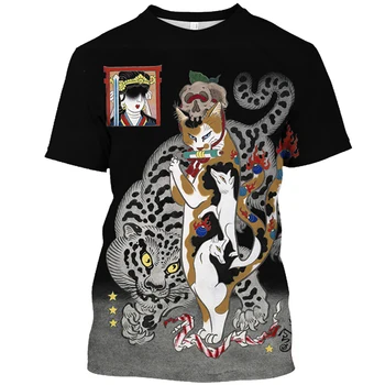 Японская футболка с принтом кота самурая для мужчин и женщин, модный тренд, повседневные футболки с круглым вырезом, оверсайз, короткий рукав, бесплатная доставка