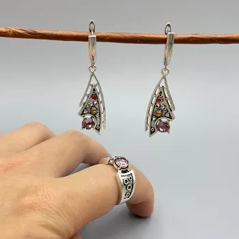 Изысканный модный металлический набор с розовым камнем, серьги, кольцо, женские элегантные украшения, красочные украшения, сине-зеленый кулон, подарок