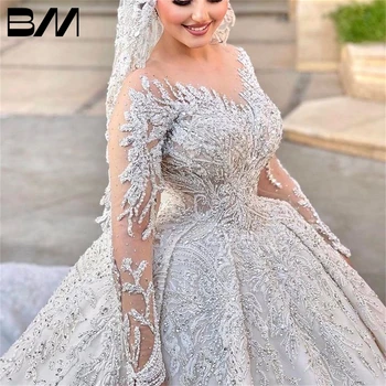 Свадебное платье-бальное платье с длинными рукавами-иллюзиями, платья для невесты с вышивкой, свадебное платье с круглым вырезом, Robe De Mariee Без вуали