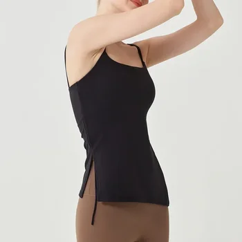 Удобная боковая веревка, плиссированная облегающая одежда для йоги, Встроенная накладка на грудь, облегающий топ для йоги, женский жилет для фитнеса