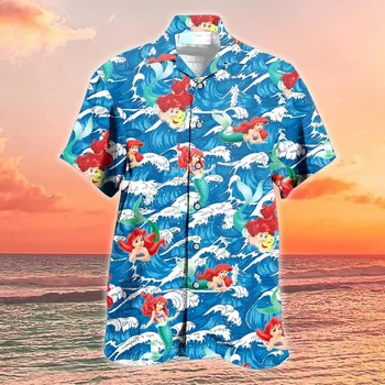 Русалочка Ариэль Гавайская Рубашка Мужская Женская Винтажная Рубашка С Коротким Рукавом Disney Гавайская Рубашка Повседневная Тропическая Пляжная Рубашка