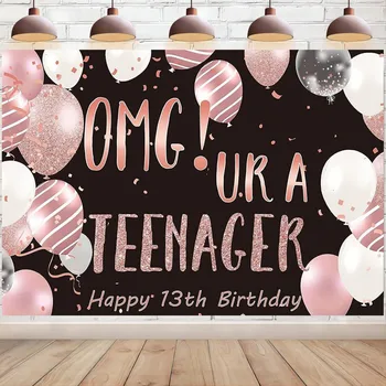 Фон с 13-м Днем рождения Баннер OMG UR Фон для фотосъемки подростков Черно-розовое золотое украшение для вечеринки 13-летней давности