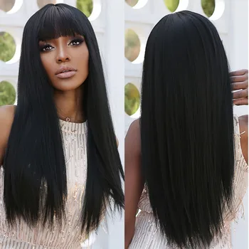 Длинные темно-черные прямые синтетические парики с пышной челкой для чернокожих женщин, парик из натуральных волос, ежедневное использование термостойкого волокна для косплея