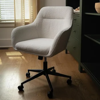 Вращающееся рабочее кресло Rayna с расширяющимися подлокотниками для домашнего офиса из белого букле с бронзовой рамой, натертой маслом, Компьютер без груза