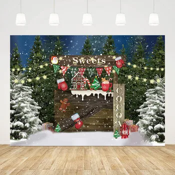 Фон для фотосъемки с Рождеством, сладости, какао, украшение деревянной подставки, семейная вечеринка, Природа, сосна, фон для фотобудки