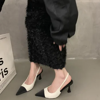 Женские лоскутные босоножки на тонком высоком каблуке с острым носком в стиле пэчворк, Весна 2024, Корейская мода, свадебные туфли-лодочки для банкета, повседневная праздничная обувь