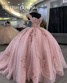 Мексиканские розовые пышные платья в форме сердца, расшитые бисером, платье принцессы для выпускного вечера, аппликация из тюля, платье для вечеринки на 15-й день рождения, Sweet 16 Robe De
