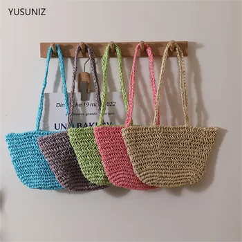 Корейская наплечная соломенная сумка YUSUNIZ, простая Полая тканая сумка, Летняя портативная пляжная сумка карамельного цвета для отдыха, Женская сумка для отдыха