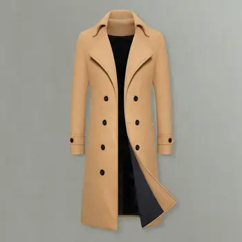 Однотонное пальто Двубортное мужское пальто средней длины с толстым ветрозащитным утеплением Приталенный однотонный кардиган на пуговицах