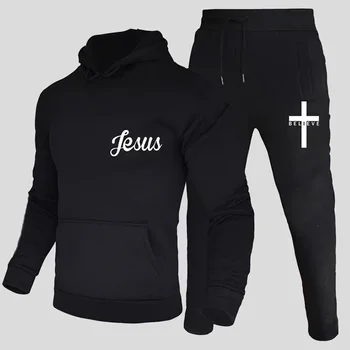 Новейший спортивный костюм с принтом Иисуса, весенне-осенняя мужская спортивная одежда, повседневные однотонные толстовки с капюшоном + брюки, спортивный комплект мужского дизайна
