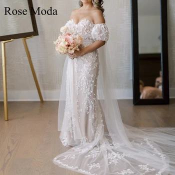 Свадебные платья Rose Moda из 3D Цветочного Кружева со Съемными Короткими рукавами Реальные Фотографии