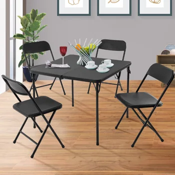 Стол для игры в карты из смолы и набор из четырех стульев, 5 предметов, черный