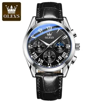 Мужские кварцевые часы OLEVS с роскошным кожаным ремешком, календарем, хронографом, водонепроницаемыми светящимися модными деловыми мужскими наручными часами