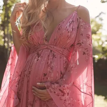 Платья для беременных для фотосессии с цветочными подтяжками, глубокий V-образный вырез, сексуальный рукав 